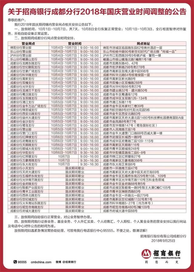 放假期间招商银行成都分行网点营业时间安排如下