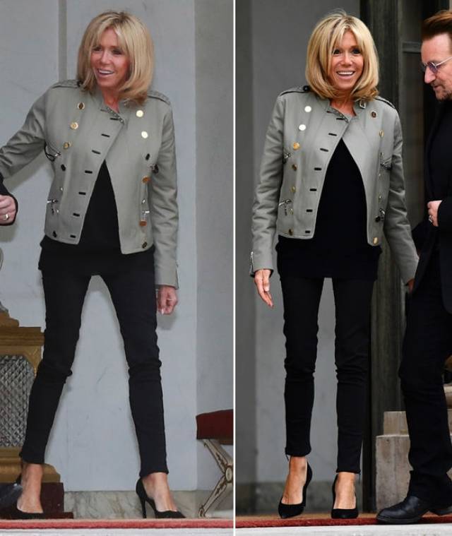 65岁法国第一夫人紧身皮裤10cm鞋霸气十足!40岁马克龙也太宠她啦