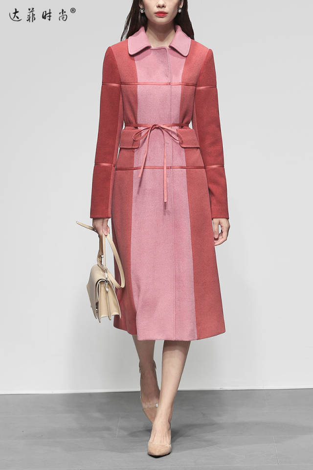 2018冬装新款 欧美女装名媛拼接气质修身显瘦a摆毛呢大衣时尚外套