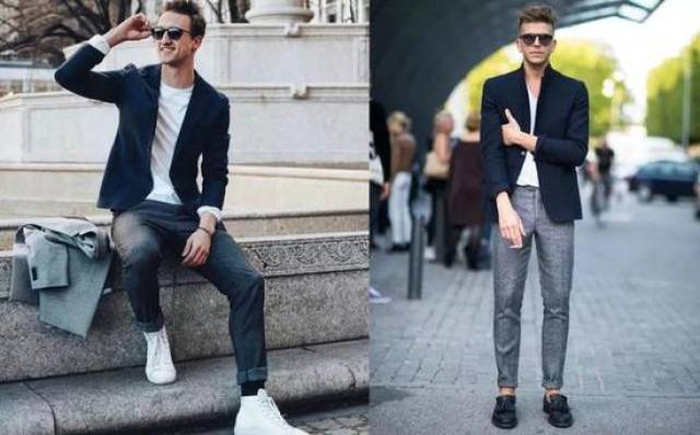 穿搭海军蓝blazer时,可搭配以浅蓝色衬衣,并配以白色或卡其色西裤,再