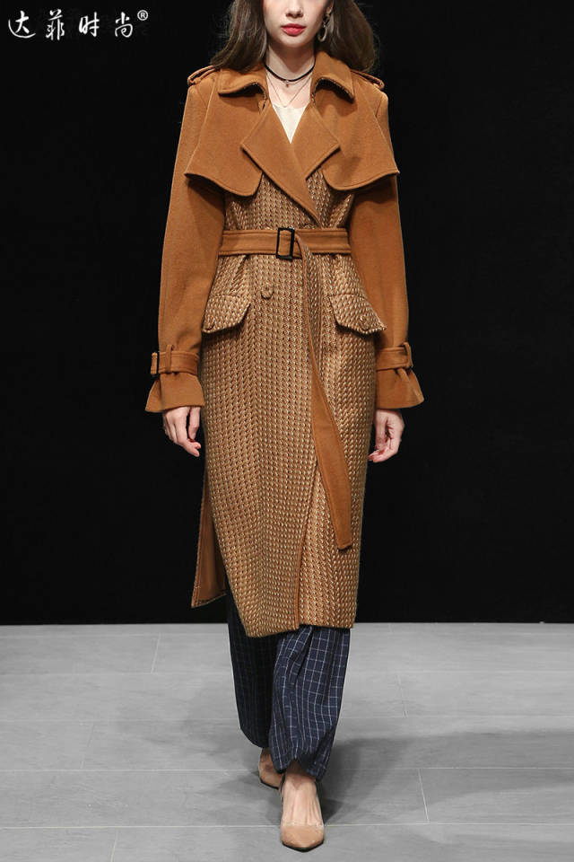 2018冬装新款欧美时尚粗花呢拼接毛呢大衣中长款系带毛呢外套女