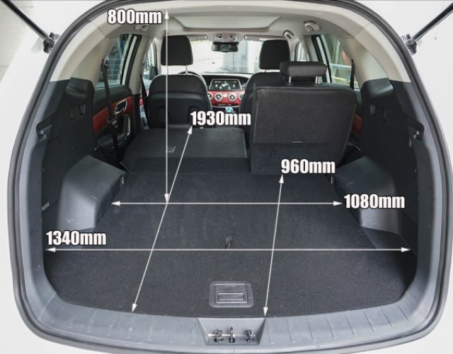 后备箱尺寸常规深度为300mm,最大纵深为1930mm,最大宽度为1340mm,高度