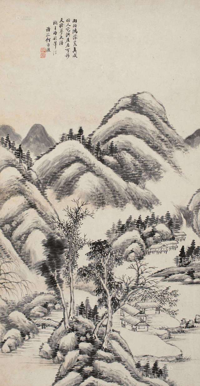 王时敏 幽居图 中国画 掛け軸 水墨画 和室 玄関 茶室 壁掛け 美術品