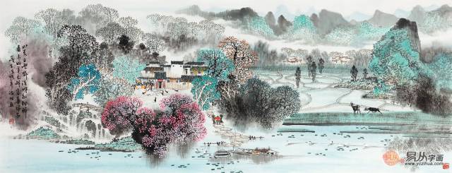 有招财迎客的含义;而远处红日高悬祥云缭绕展现了美丽的自然山水景色!