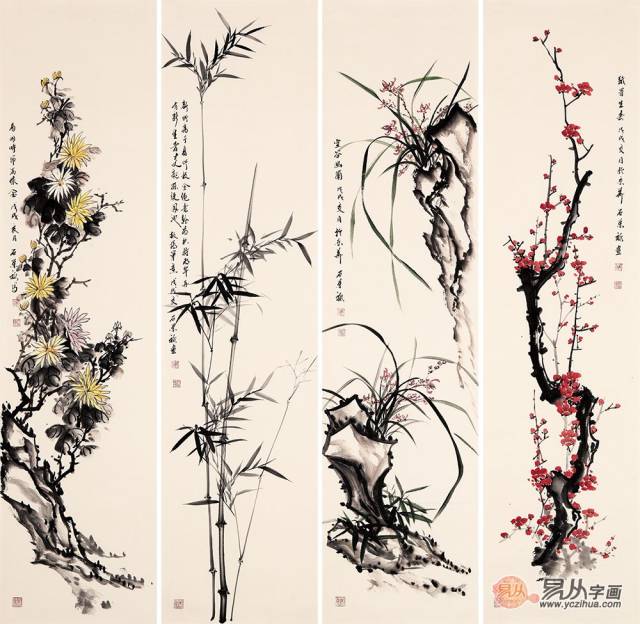 梅兰竹菊被称为"国画四君子",石荣禄先生的这幅四条屏水墨淋漓,清秀