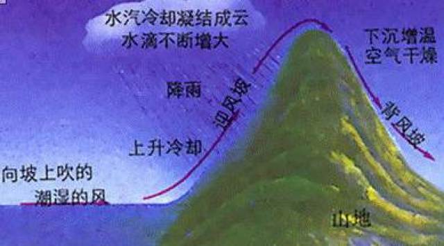 地形雨是湿润气流遇到山脉等高地阻挡时被迫抬升而气温降低形成的降水
