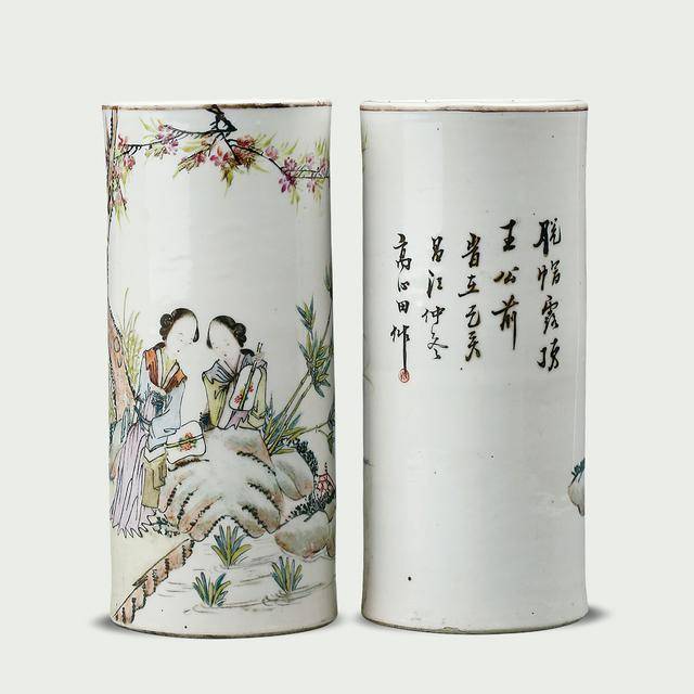 瓷】 ☆ 瓷器 懐かしめ 浅絳彩高士紋帽筒 ☆ 民国期 高山
