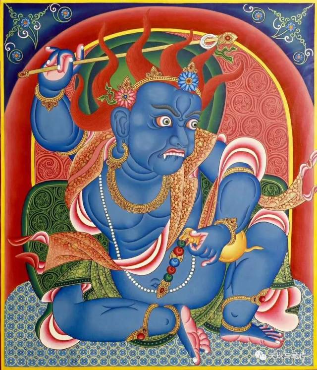 名称:噶当巴经典彩唐—蓝财神 尺寸:50*60cm 材质:布本纯矿物质及纯金