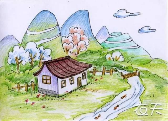 小山村的风景图绘画图片