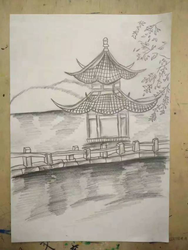 西湖风景素描画图片