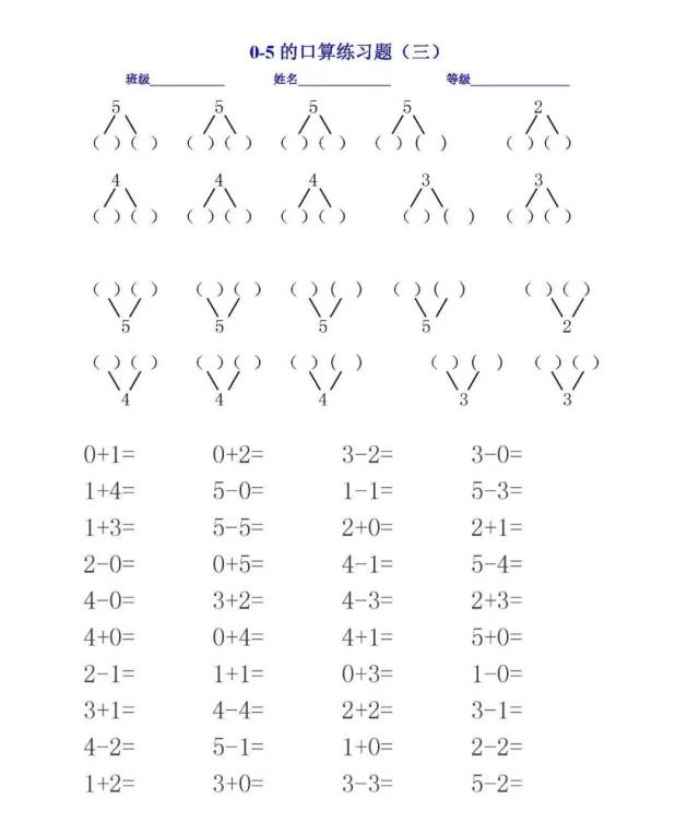 【專項練習】一年級數學上冊——5以內的加減口算,分與合,填空,比大小