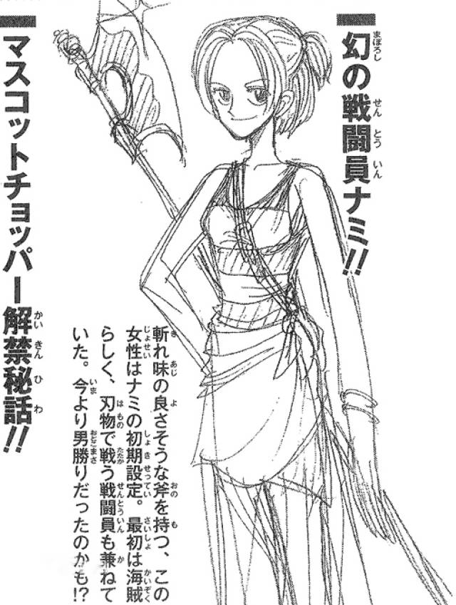 娜美的形象是根据尾田荣一郎早期创作的短篇海贼漫画《冒险的黎明》中