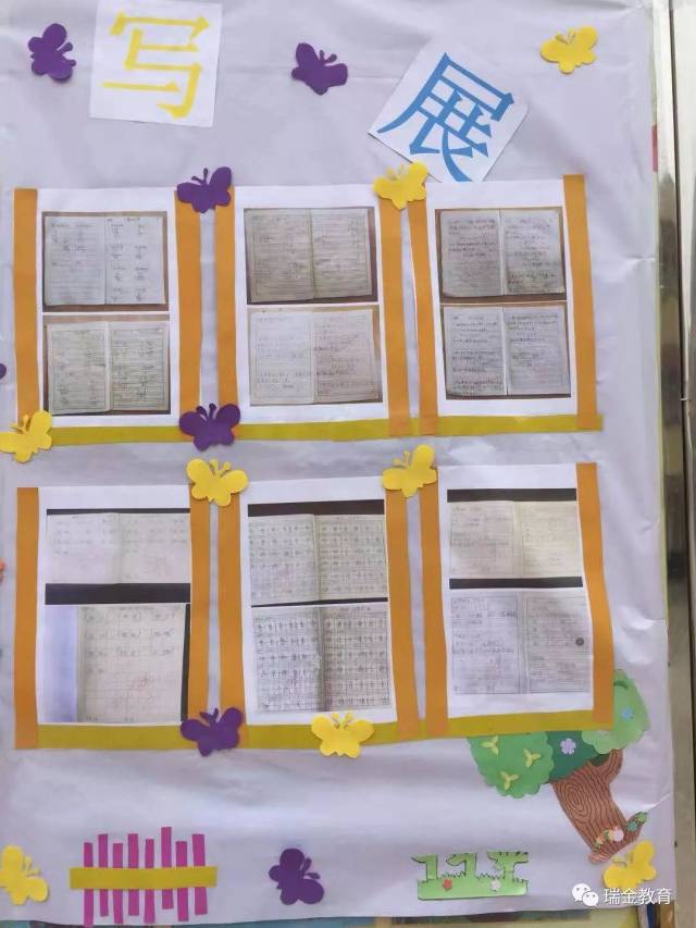 老师们将优秀作业拍成图片,并利用休息时间精心布置成展板
