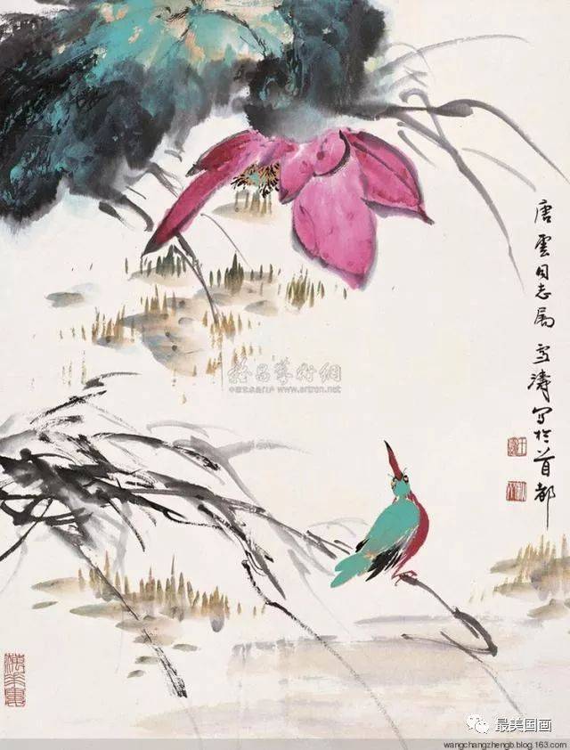 中国掛軸】王雪濤（模写・工芸品）「荷花図」蓮の花 水墨画 花鳥画 清趣