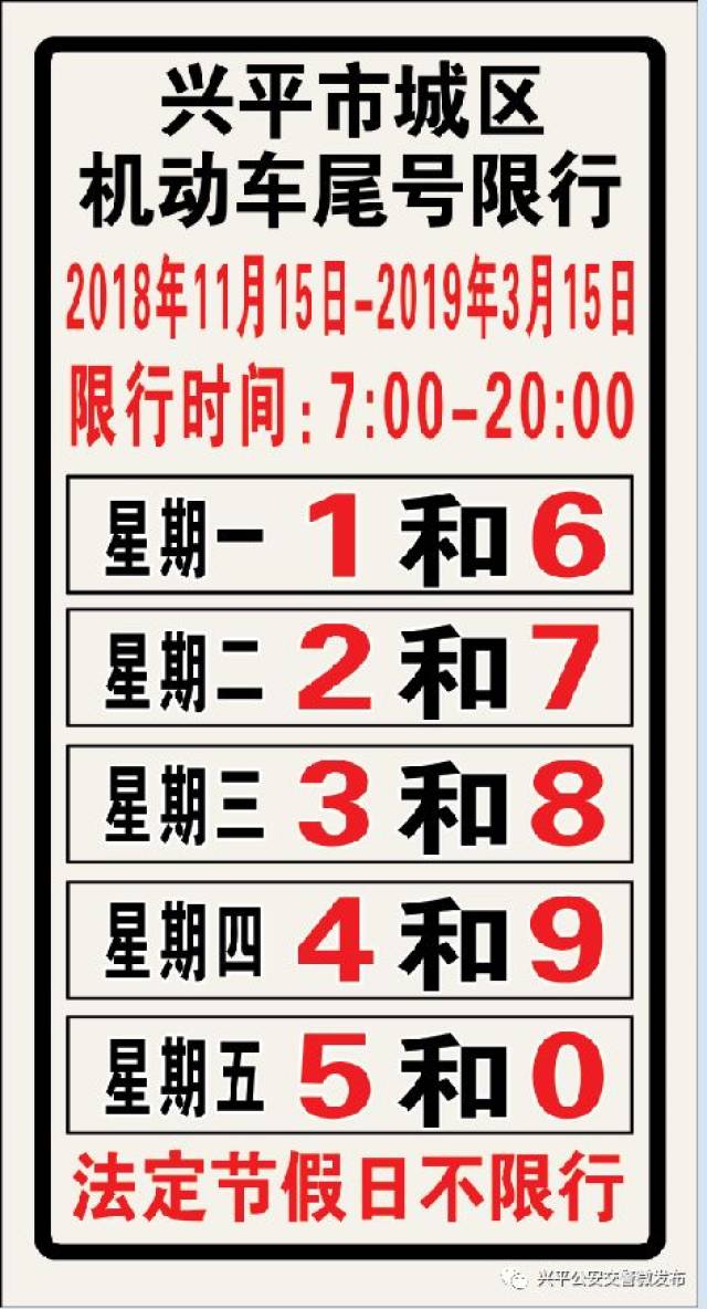 2018年11月15日(星期四) 兴平市限行区域内,限行尾号为 4 和 9 的机动