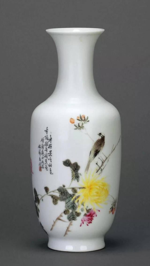 毕伯涛粉彩菊花小鸟瓶