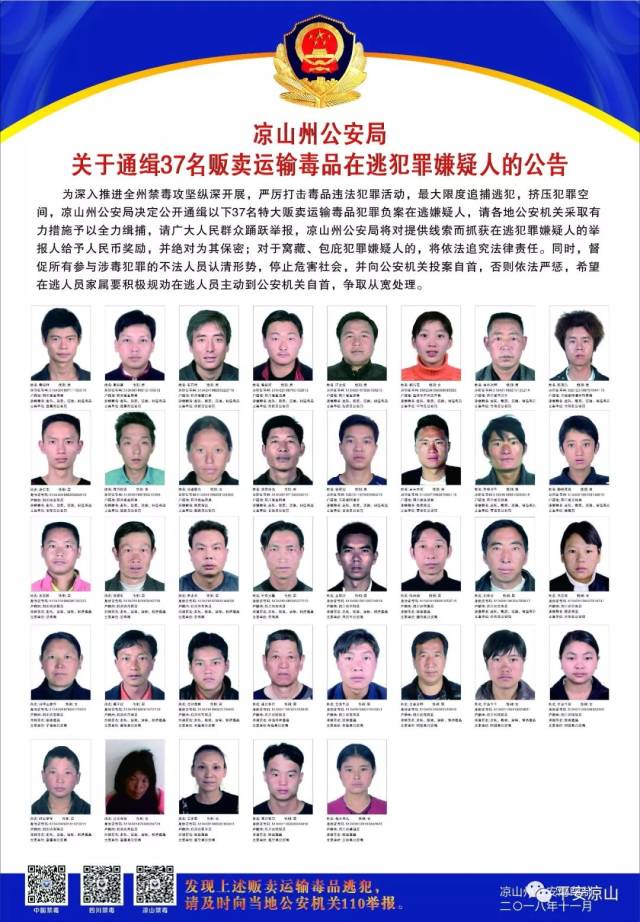 凉山州公安局关于通缉37名贩卖运输毒品在逃犯罪嫌疑人的公告