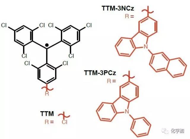 自由基ttm,ttm-3ncz和ttm-3pcz的分子结构