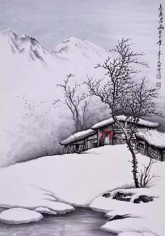 小学生雪景画山水图片