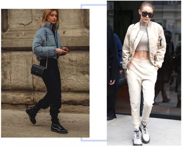 米兰达·可儿和吉吉·哈迪德都是 纯色运动裤搭配同色马丁靴.