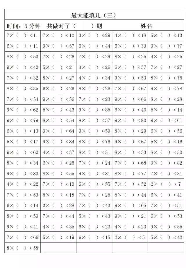 二年级数学上册:括号里最大能填几,3页纸强化练习,做到零出错!