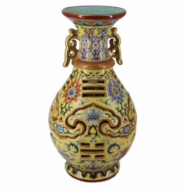 精品清代黄地珐琅彩镂空雕如意八卦纹转心瓶鉴赏_搜狐网