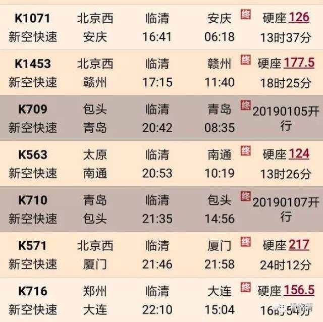 2018年1月5日調整後的臨清火車站車次