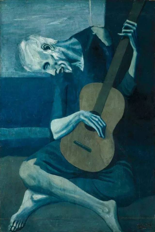 在这个时期·毕加索的作品中画面大半部充满 冰冷而严肃的 蓝色,本质