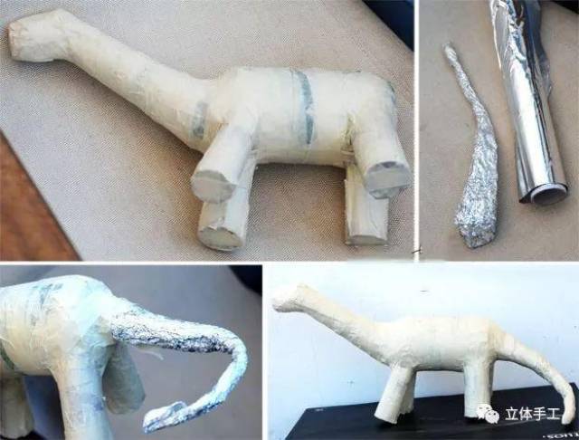 卷纸筒,剪刀,纸等【制作步骤 用塑料瓶制作恐龙的身体 用胶带和纸