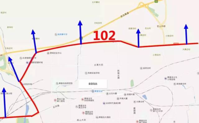 抚宁区袁庄村西青乐公路上,终点为 山海关区边墙子村东与现102国道顺