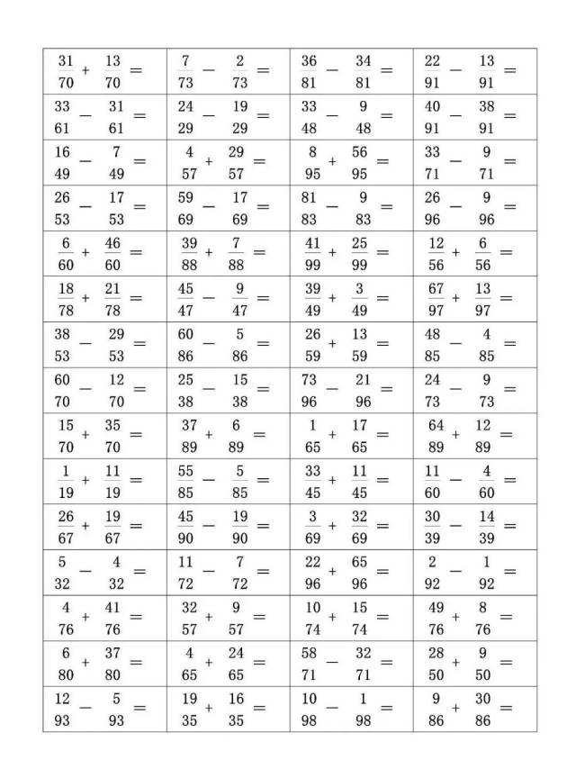 三年级数学上册同分母分数的加减法口算题卡,给孩子练练