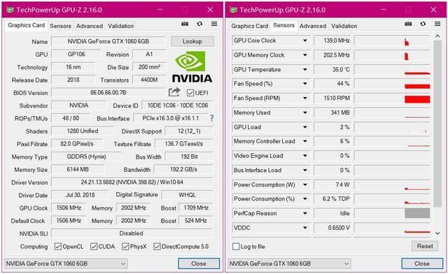 通过gpu-z我们可以清楚看到这款显卡的各部分硬件参数,在待机状态下