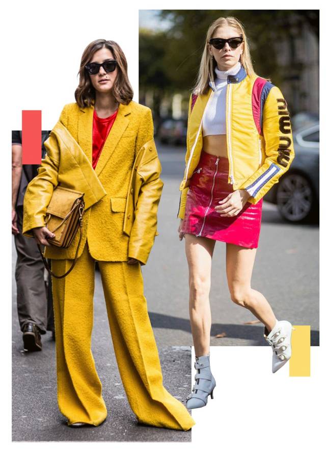 另外一种大面积红黄撞色的穿法,就是 直接上下1:1搭配