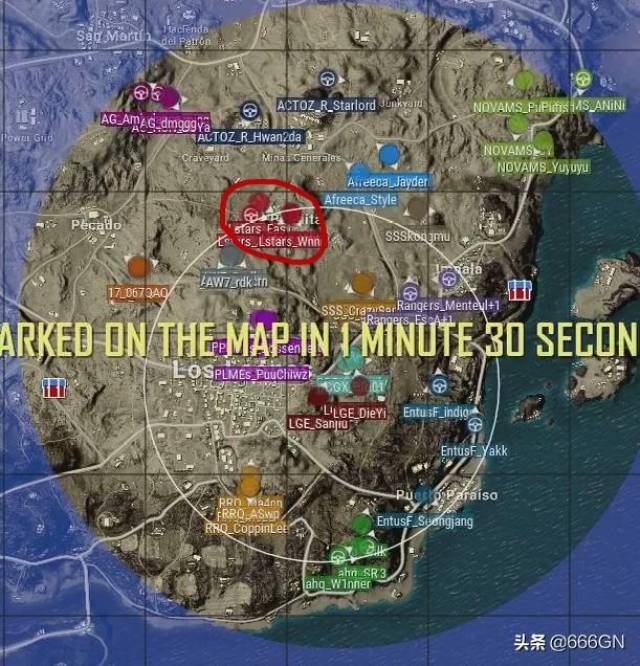 地图为沙漠图,决赛圈大概位于第一个圈的中心位置.