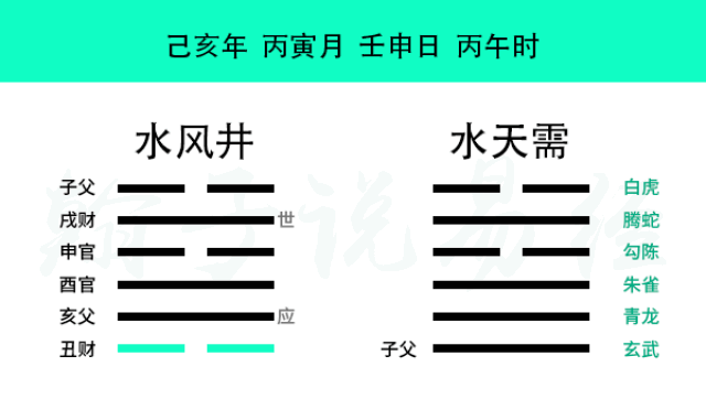 己亥年,丙寅月,壬申日,丙午时(戌亥空)起出卦为水风井之水天需.