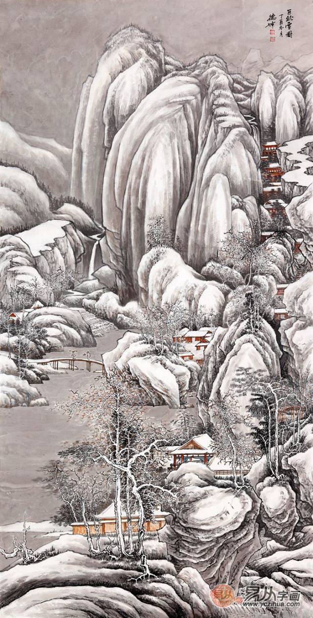 画家林德坤雪景国画赏析雪景山水突显笔墨韵味