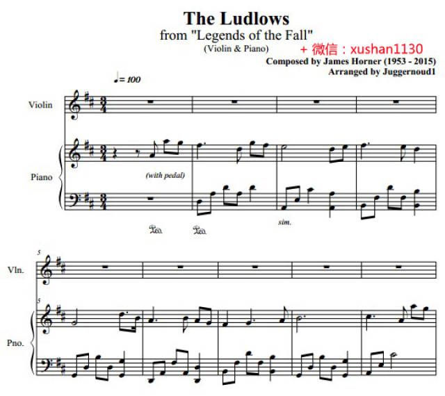 燃情歲月 主題曲 the ludlows(小提琴鋼琴伴奏總譜)