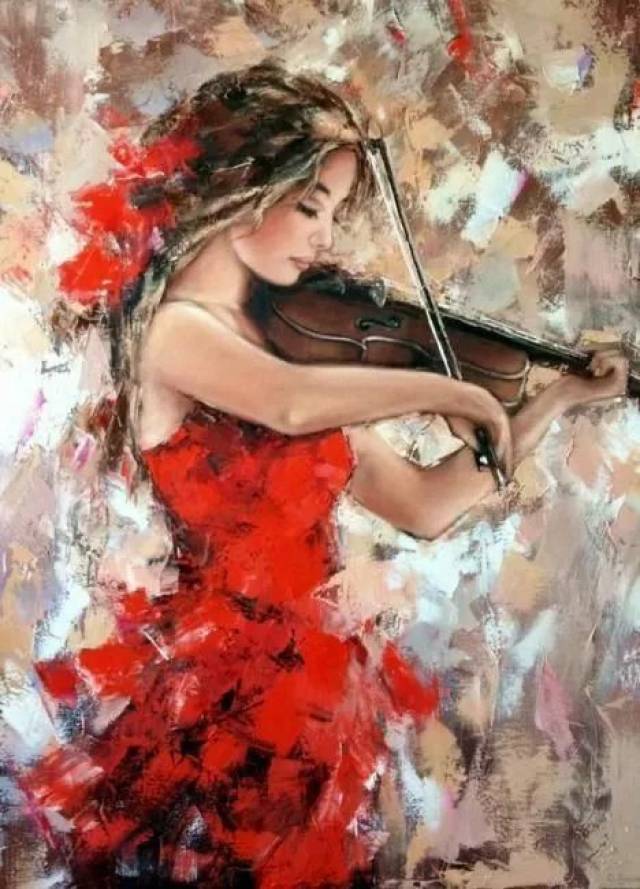 大,小提琴《爱之忧伤》,《美丽的罗斯玛琳》 美女油画,太美了