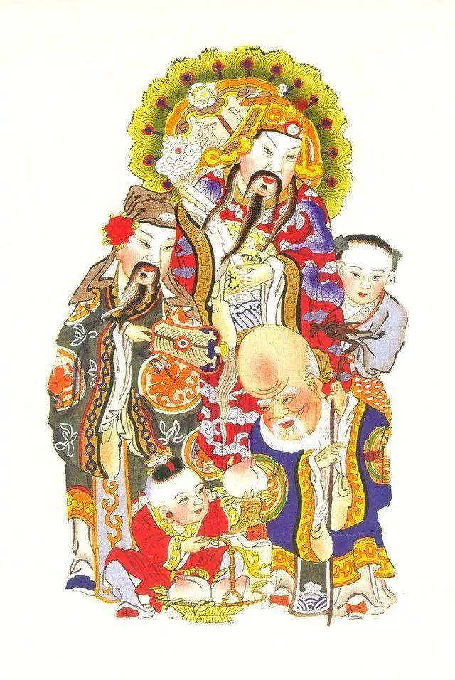 天津楊柳青年画精製3p 絵のみ 天津杨柳青年画福寿三多45X60CM画心手工上色特色礼品掌柜推荐