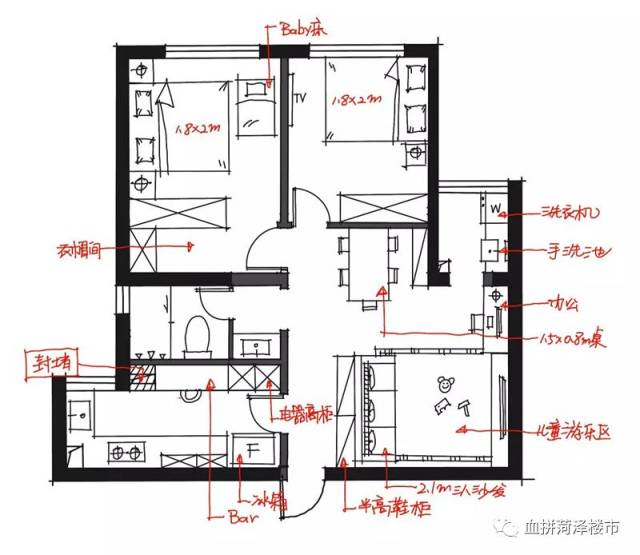 戶型功能分析圖▲ 尺寸圖的網格線,都是30cmx30cm的,各種尺寸可以數