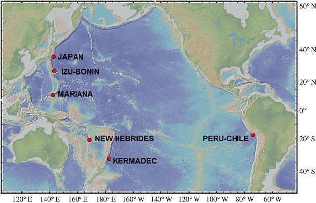 英國科學家通過對日本,伊豆 - 博寧,秘魯 - 智利,新赫布里底群島,克馬
