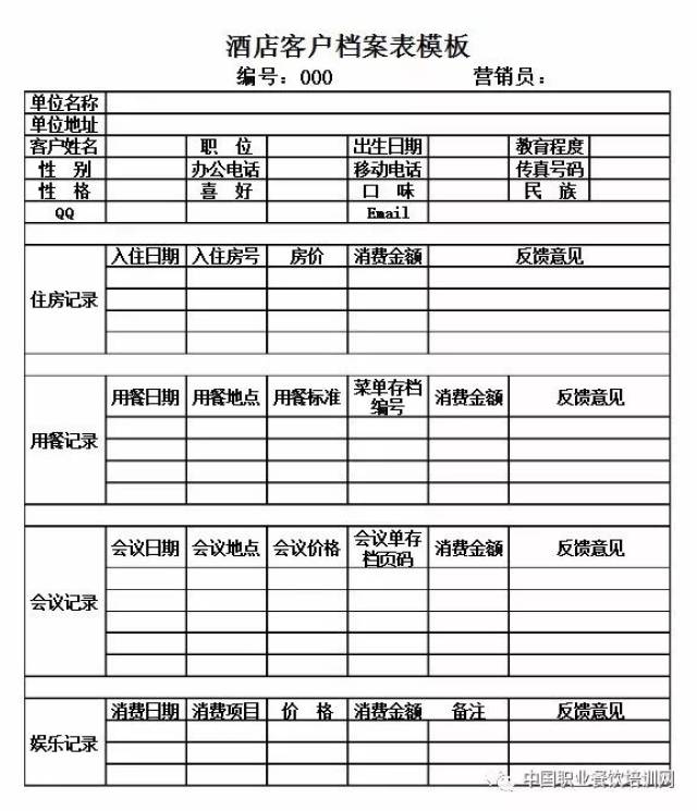 酒店餐饮客户档案表格图片