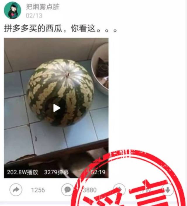 拼多多上买的西瓜"小视频流传在了网上,该视频被不少电商大v当成"搞笑