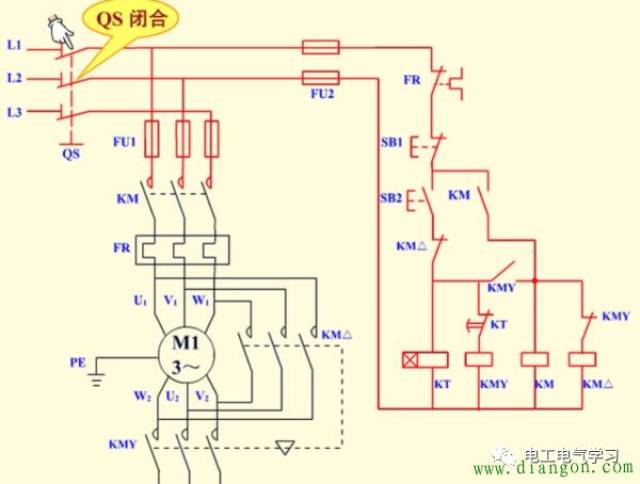 1,時間繼電器自動控制星三角形降壓啟動電路接線圖: (1)合上qs,電源