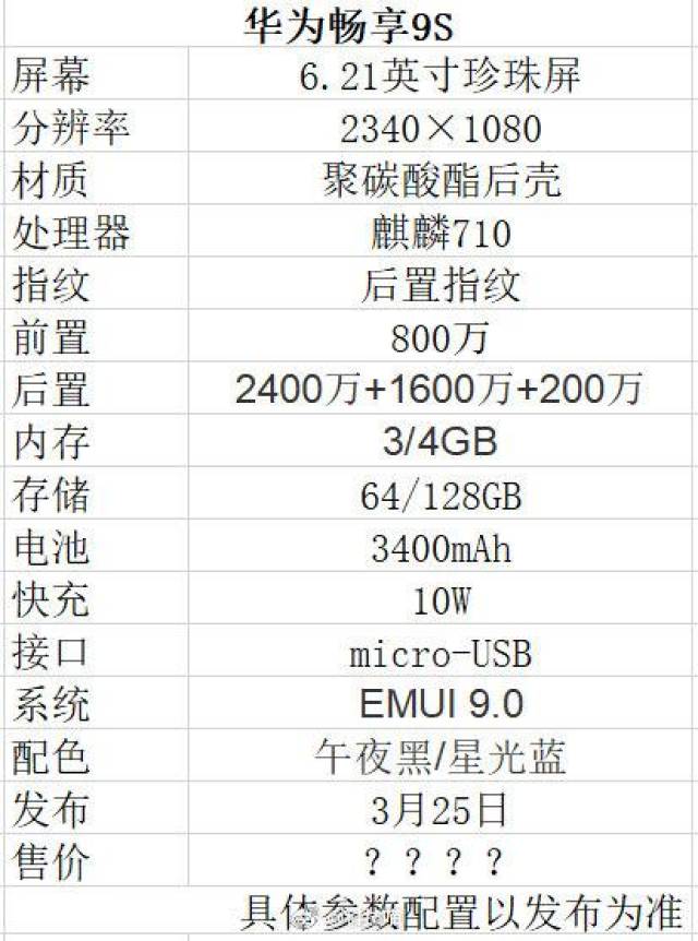 华为畅享9s参数图片