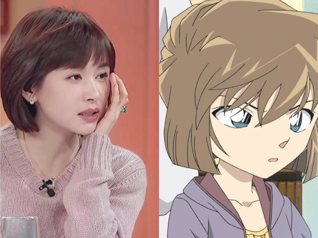 还有网友拿她这个发型和动漫迷心中的女神灰原哀对比,长度包括刘海