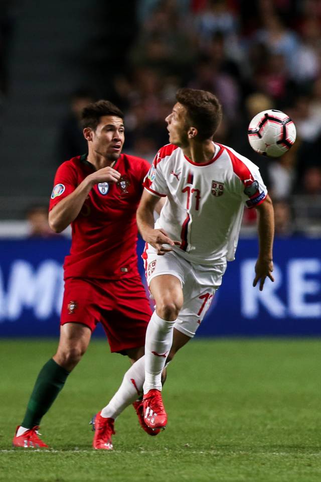 3月25日,葡萄牙队球员格雷罗(左)与塞尔维亚队球员拉佐维奇拼抢.