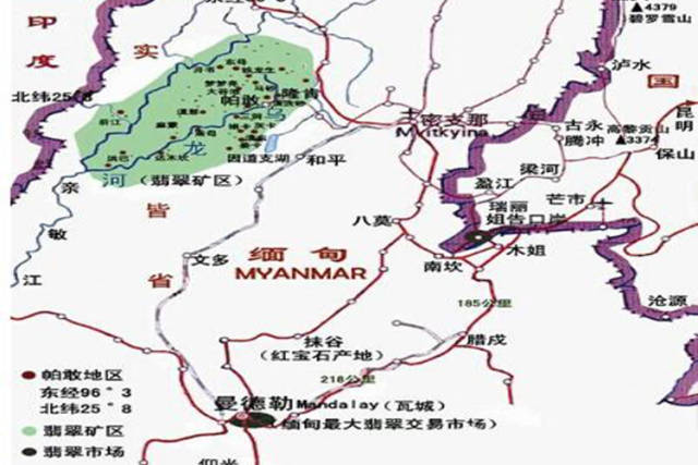 缅甸是最为著名的翡翠产地,其翡翠矿场在缅北密支那北面的帕敢矿区,当