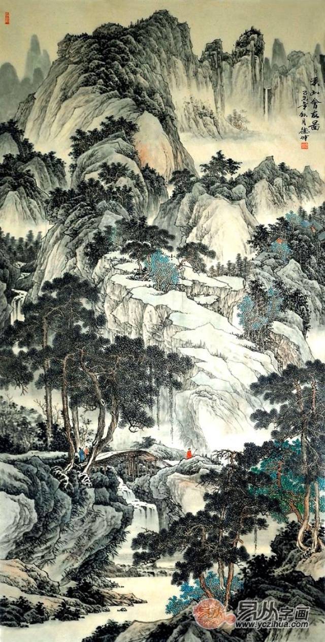 林德坤先生这幅四尺竖幅仿古山水画《松柏图》,图中绘一松一柏