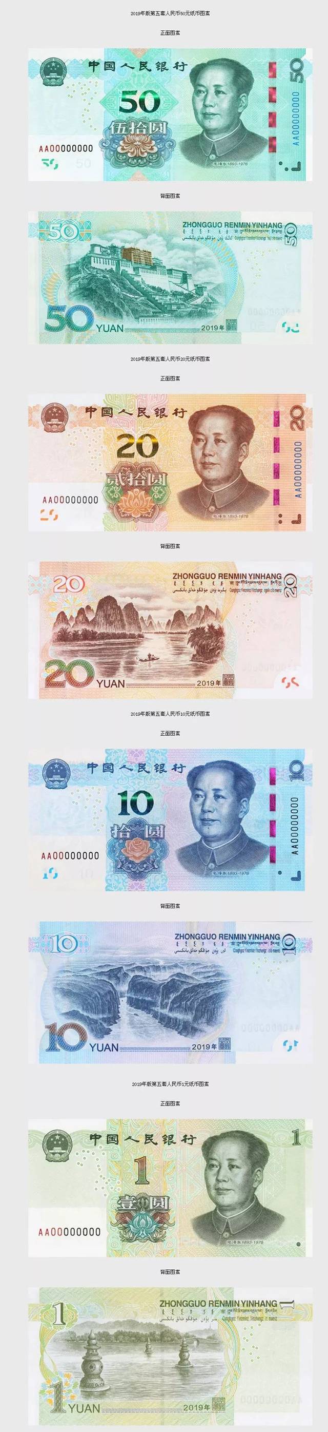 中国人民银行就发行2019年版第五套人民币50元,20元,10元,1元纸币及1